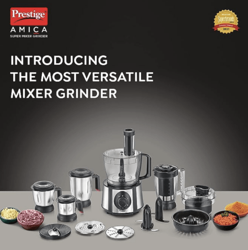 Prestige 1000 W Amica Super Mixer Grinder|5 Jars with Multiple Accessories(Slicer,Shredder,Finger Chip Disc,Chopper,Kneader)|2 years warranty on product & 5 years warranty on motor| (Black and Silver) - Image 4